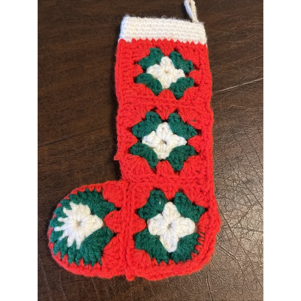 Granny Square Xmas Stocking Red Green White Handmade Crocheted Crochet Hand Vtg